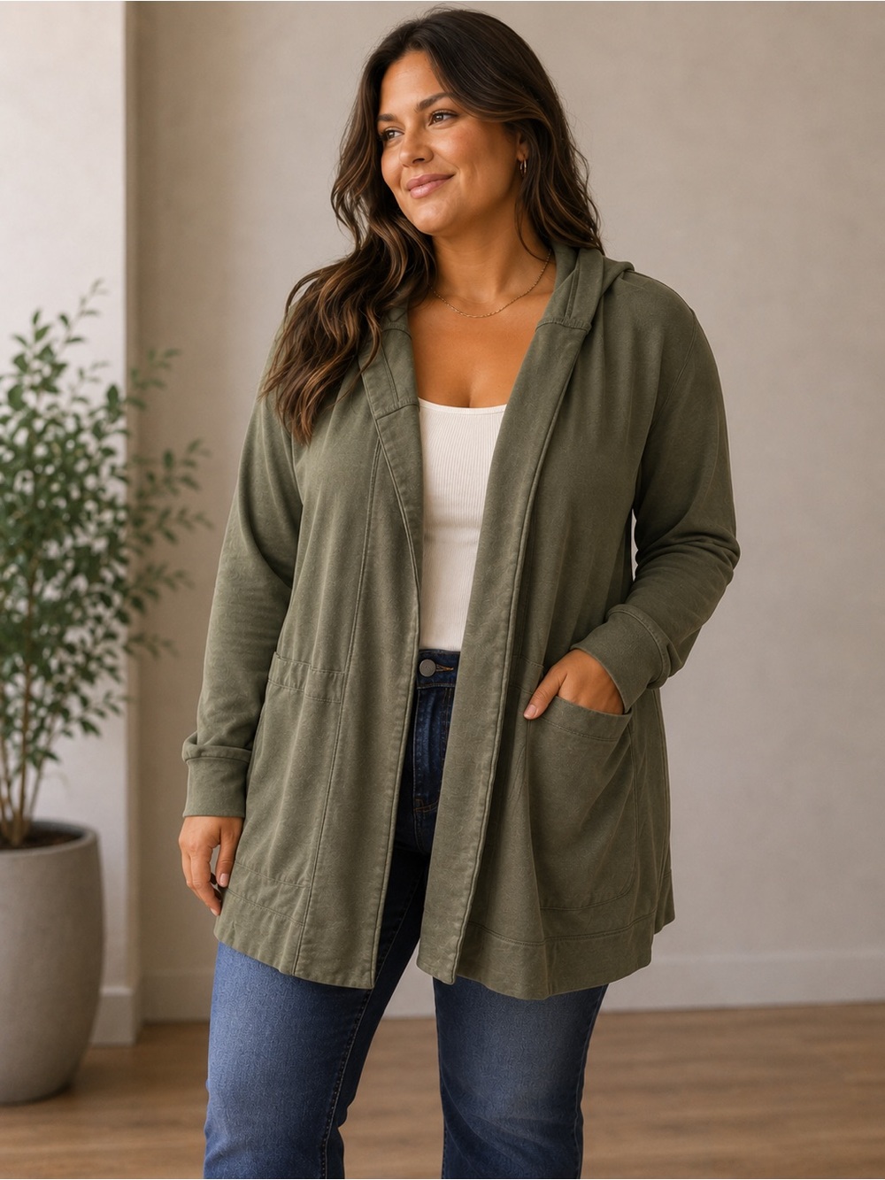 Cozy Olive Hooded Open-Front Sweater with hat